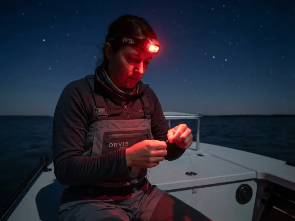 Angler using red headlamp for night vision preservation while tying fishing knot