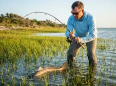 The Only Way I Can Catch Redfish in Thick Turtle Grass Angler fighting redfish in thick turtle grass flat during golden hour with bent rod
