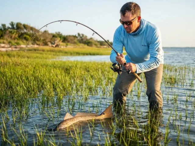 redfish-turtle-grass-fishing-action-shot Angler fighting redfish in thick turtle grass flat during golden hour with bent rod