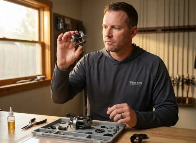 reel-bearing-inspection-maintenance Angler inspecting fishing reel bearing at workbench during maintenance
