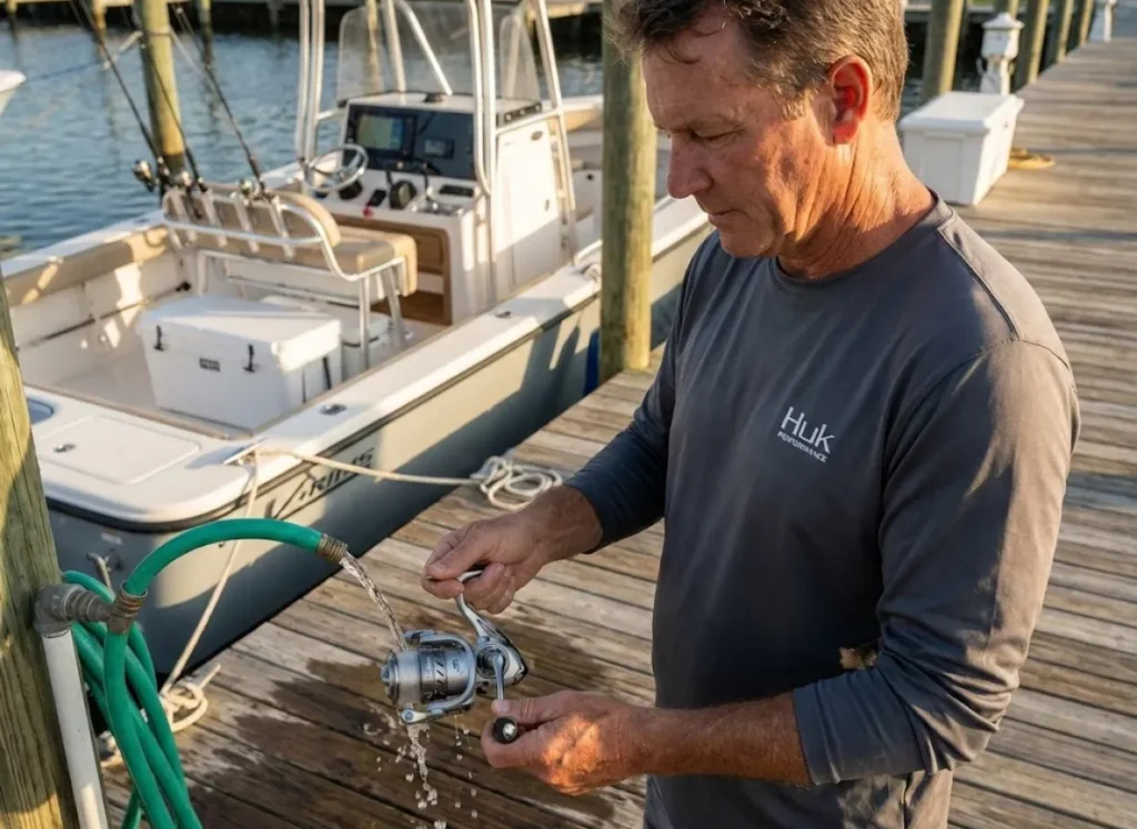 Angler rinsing spinning reel with fresh water at marina dock after fishing