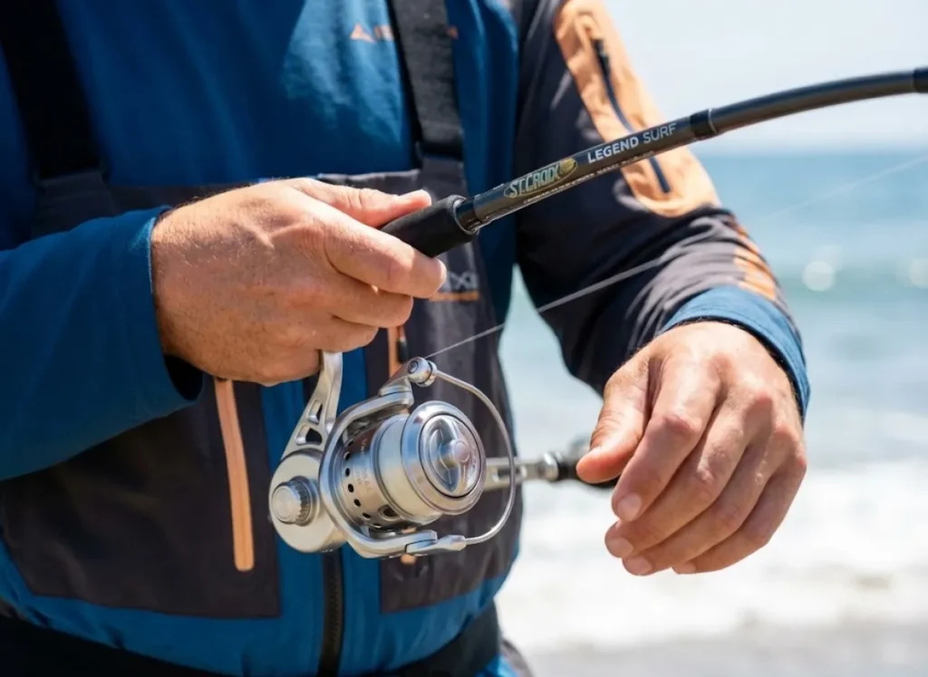Close-up action shot of an angler performing a reel set with a Van Staal reel, demonstrating the steady winding technique required for circle hooks.