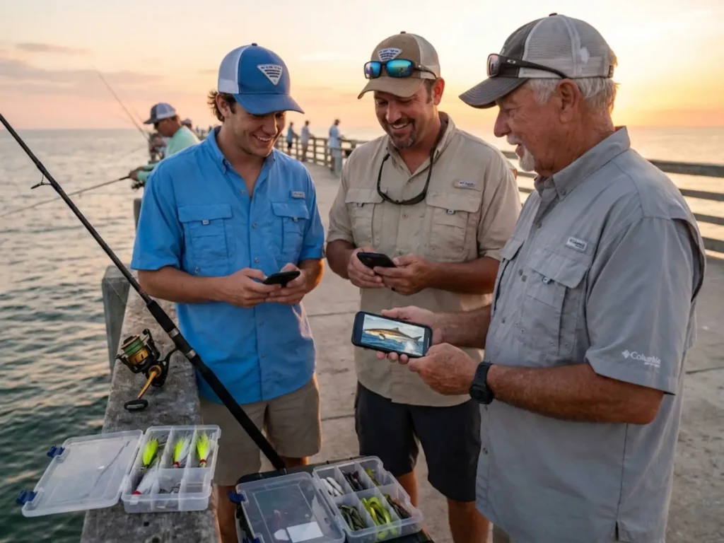 Anglers sharing regional cobia fishing tactics and catches on Gulf Coast pier