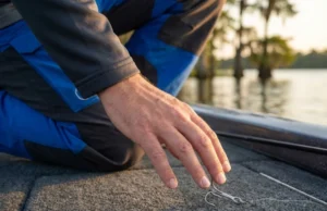 How to Remove a Fish Hook Using Your Tackle Box Close up of a large treble hook snagged on an angler's hand on a boat deck, requiring removal techniques.