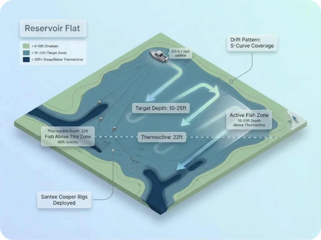 Aerial contour map showing reservoir flat at 10-25 feet depth with drift path arrows, thermocline depth marked at 22 feet, and multiple Santee Cooper rigs deployed during controlled drift.