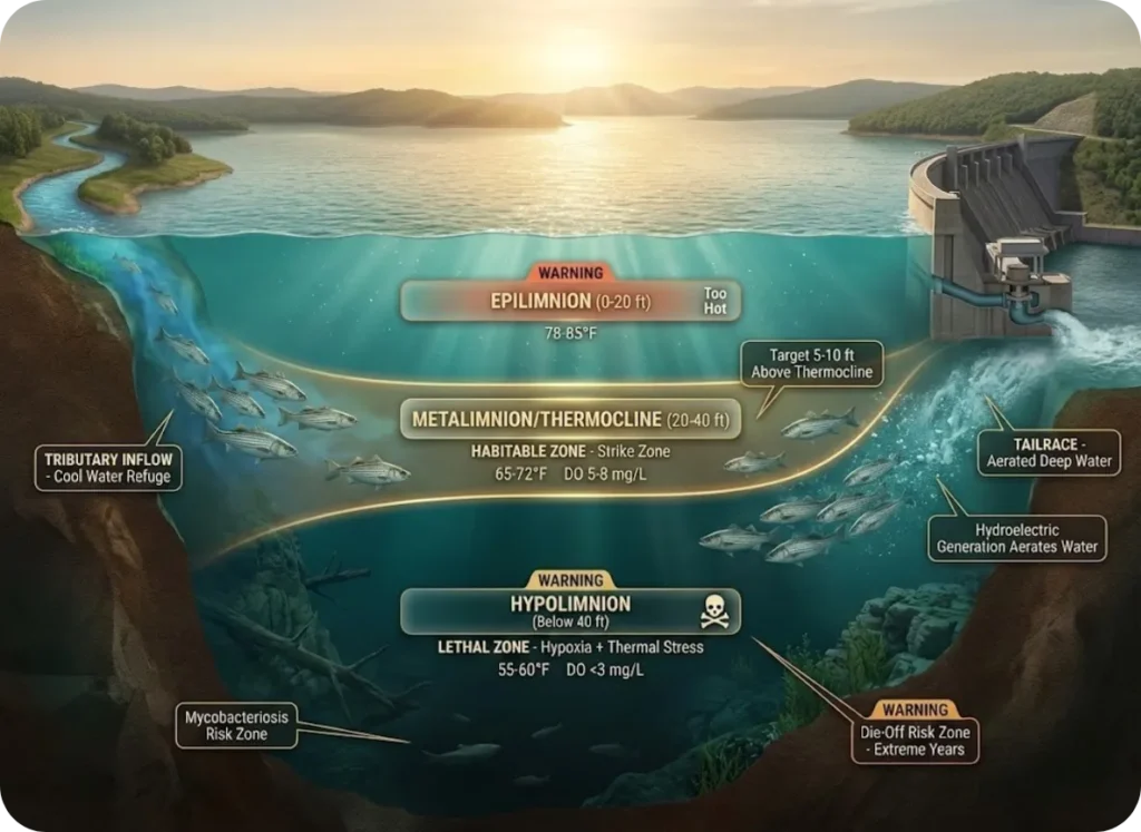 Cutaway reservoir infographic showing summer thermal stratification layers, thermocline depth, and thermal refuge locations including tributary creek inflows and dam tailrace with aerated water, marking the lethal zone where hypoxia meets thermal stress.
