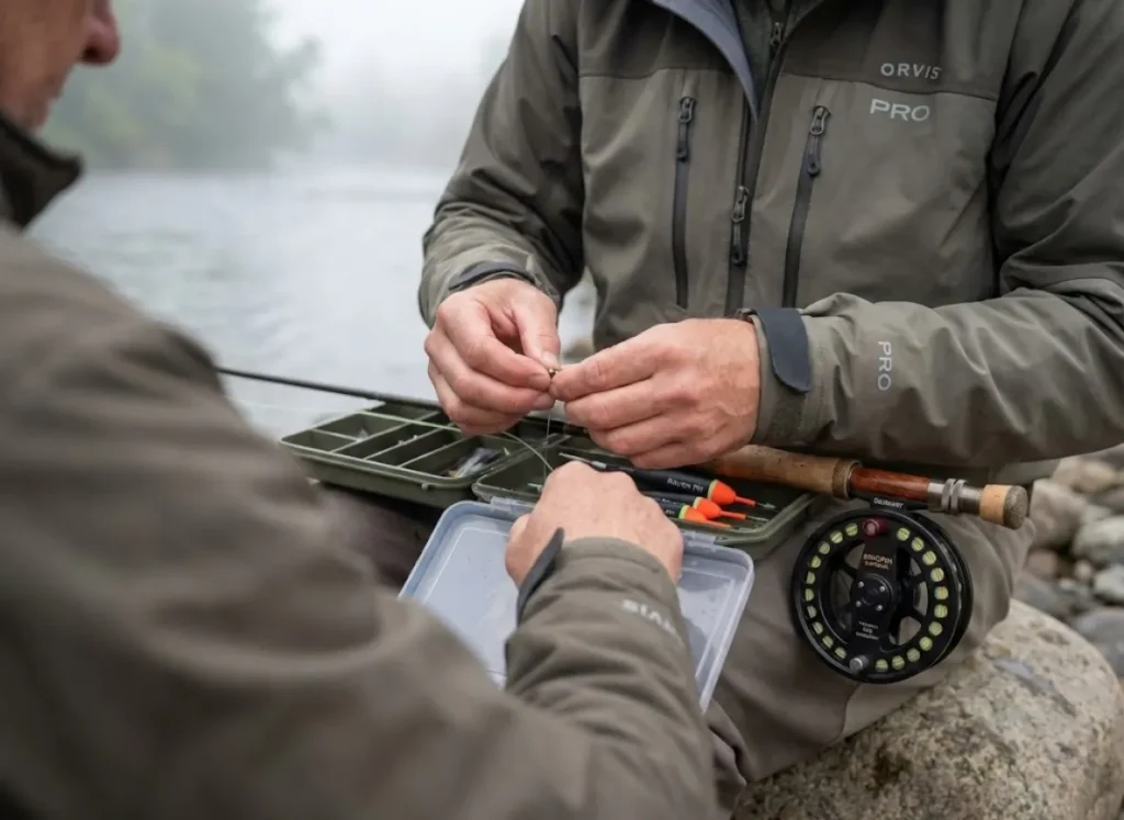 Experienced angler rigging float setup with split shot and Raven float for steelhead