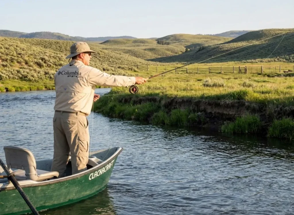 Angler casting from drift boat on Rio Grande Gold Medal water Colorado