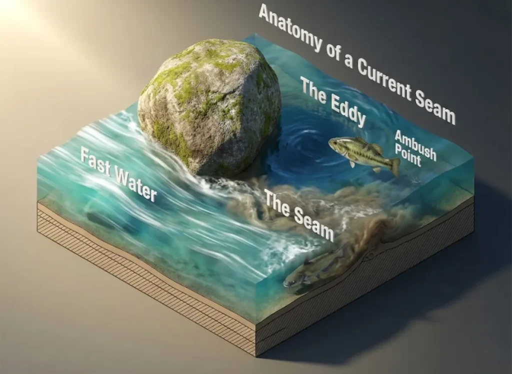 A premium educational illustration showing the hydrodynamics of a river current seam. A large boulder splits the current, creating distinct zones. A Bass is depicted waiting in the calm 'Ambush Point', while a Catfish swims along the turbulent 'Seam'. Labels clearly mark Fast Water, The Eddy, and The Seam.