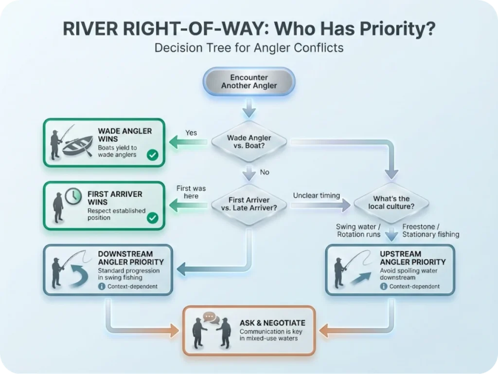 Flowchart decision tree showing river fishing right-of-way rules: wade angler vs boat, first arriver vs late arriver, upstream vs downstream with context-dependent outcomes.