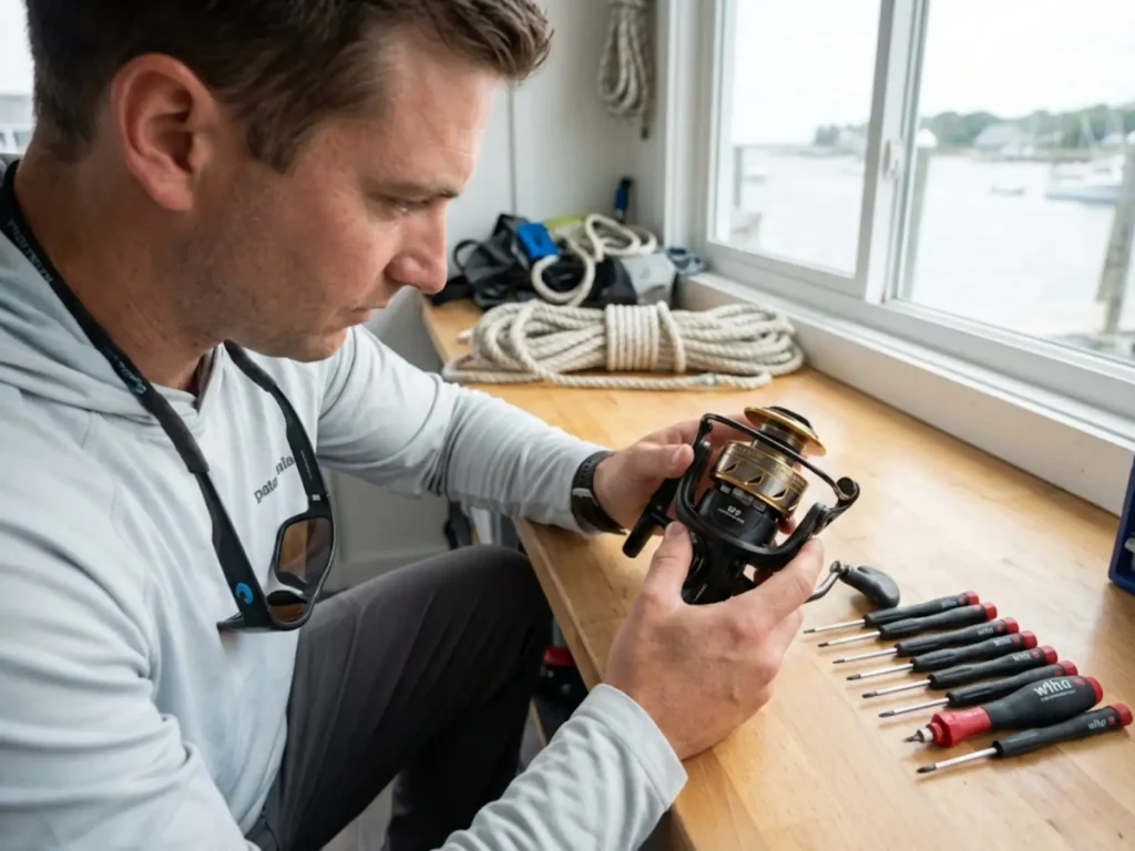 Fishing guide inspecting exposed anti-reverse roller clutch assembly on disassembled Penn Battle reel at workbench
