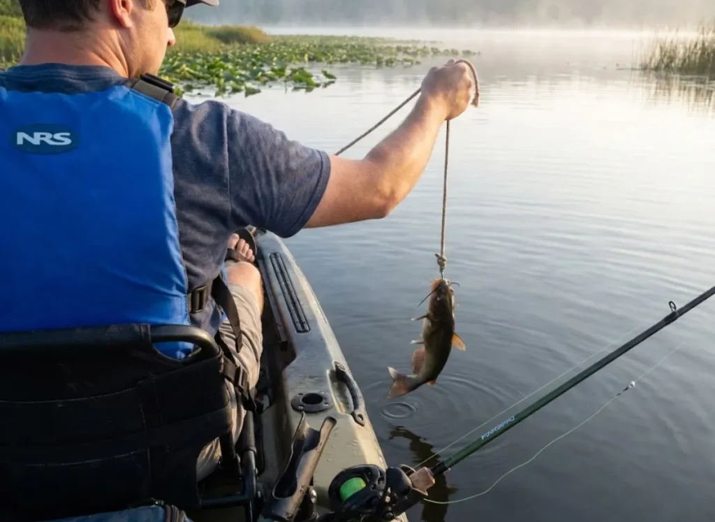 Kayak angler using rope dehooking method for safe catfish release
