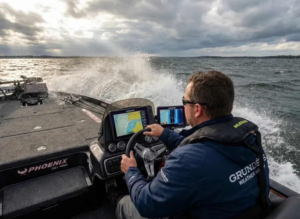 Boat operator navigating through large waves at quartering angle wearing inflatable PFD