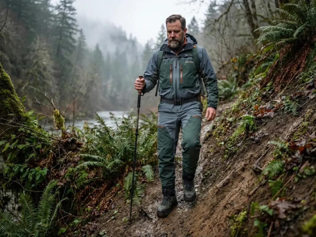 Angler hiking down a steep muddy bank wearing Korkers rubber sole wading boots