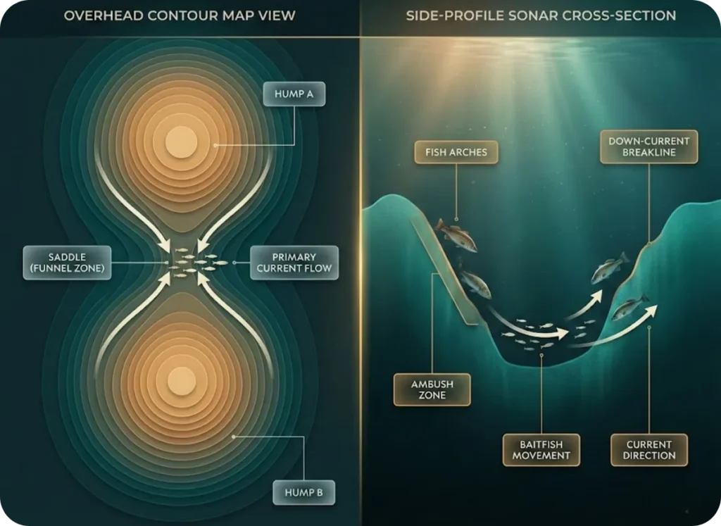 Split-screen fishing infographic comparing an overhead bathymetric contour map view of an underwater saddle structure with a side-profile sonar cross-section showing fish positioning on the down-current breakline.