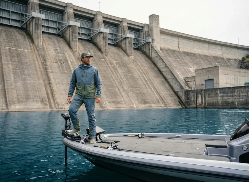 Angler in Patagonia jacket fishing near the base of a massive hydroelectric dam structure.