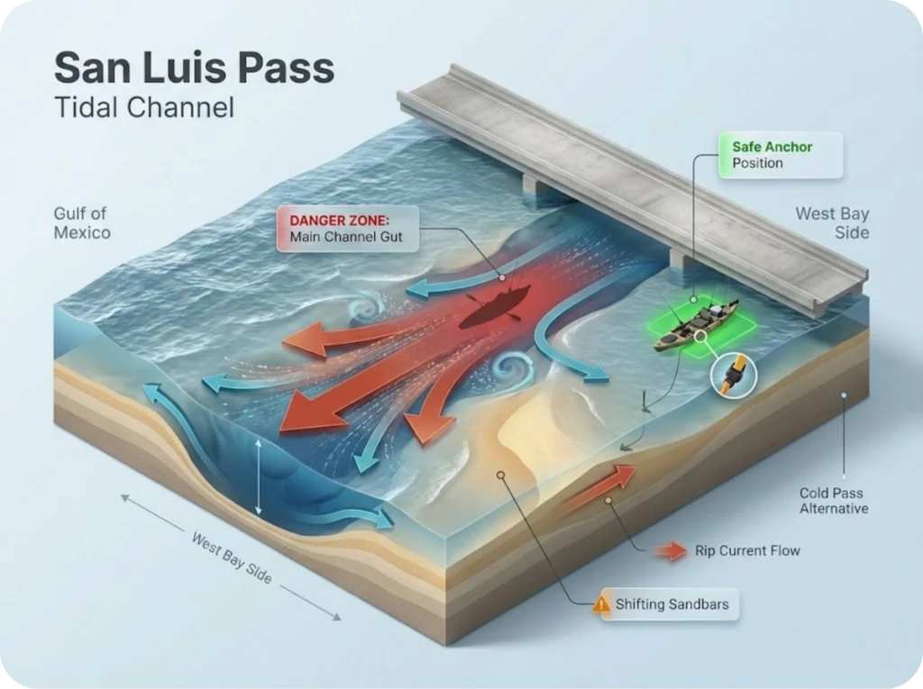 Cross-section infographic of San Luis Pass showing the gut channel structure, dangerous rip current flow patterns, safe kayak anchor positions on the bay side, and hazard zones for kayak fishing.