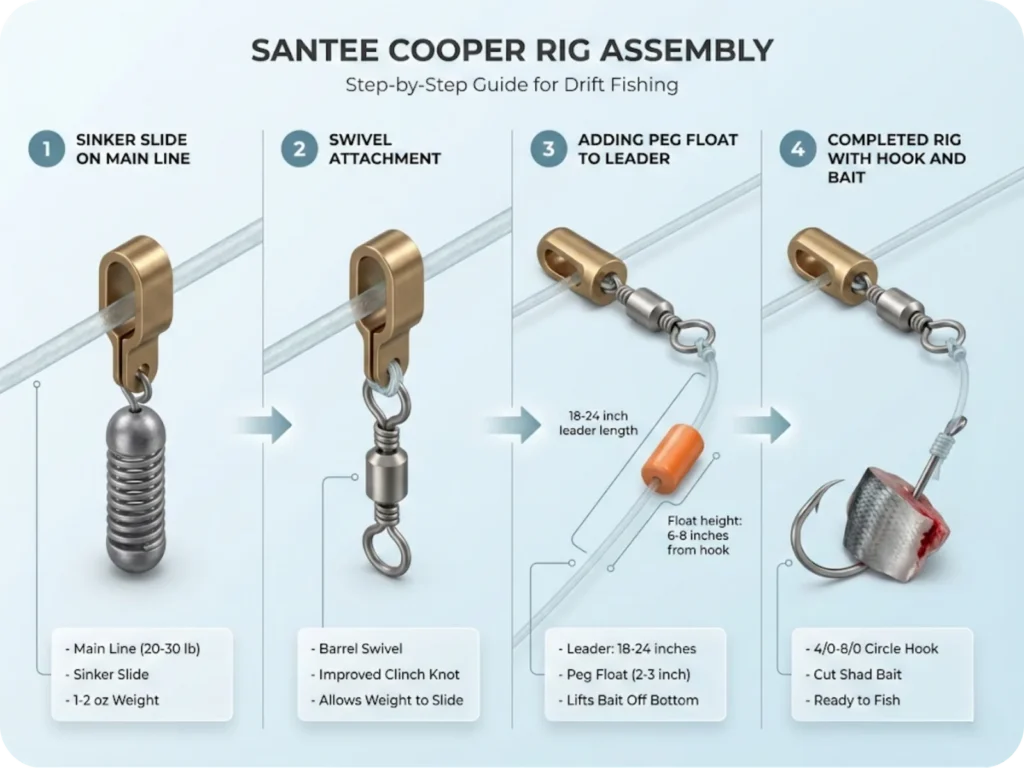Four-panel step-by-step visual guide showing Santee Cooper rig assembly from sinker slide to completed rig with circle hook and cut shad bait.