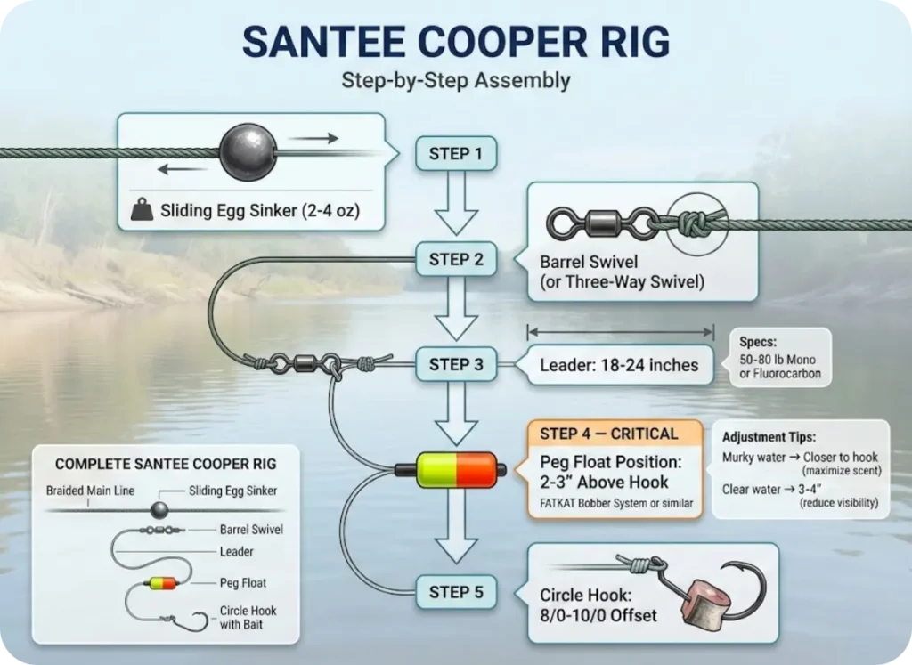 Step-by-step assembly diagram for the Santee Cooper catfish rig showing egg sinker on main line, barrel swivel connection, 18-24 inch leader, peg float placement 2-3 inches above hook, and circle hook with cut bait positioning.