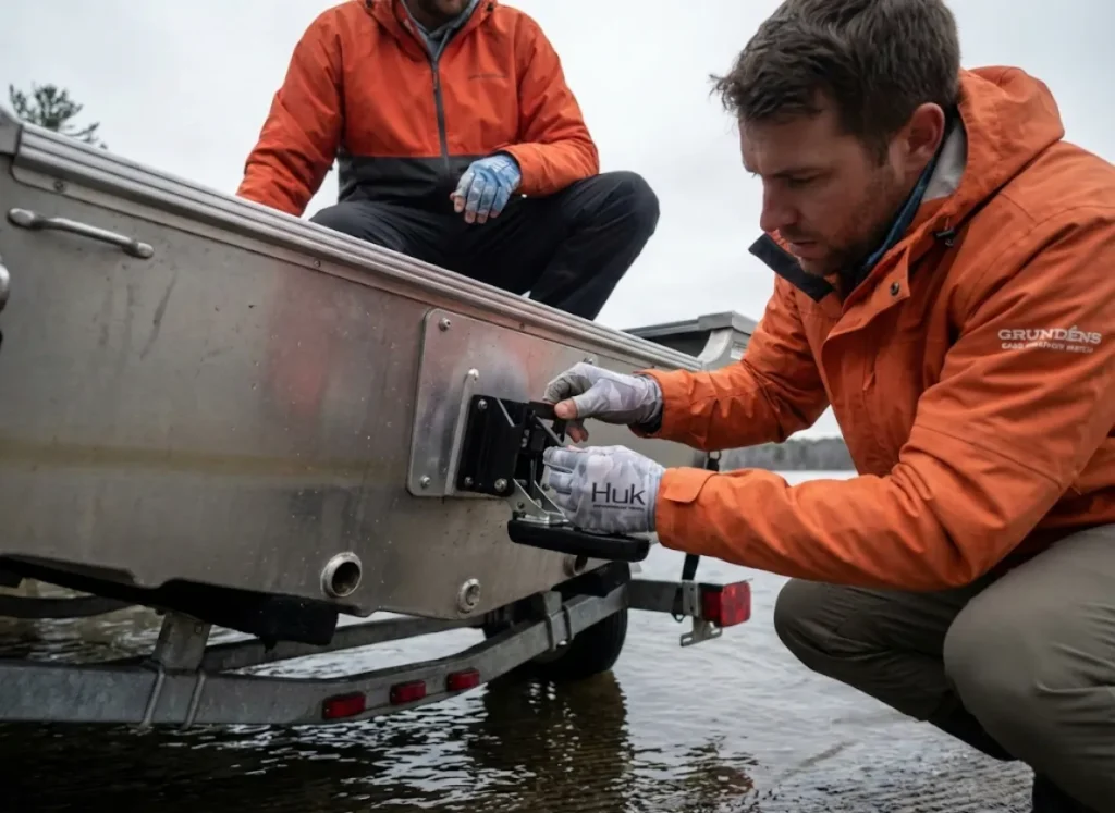 Angler adjusting Lowrance transducer mounting angle on aluminum boat transom