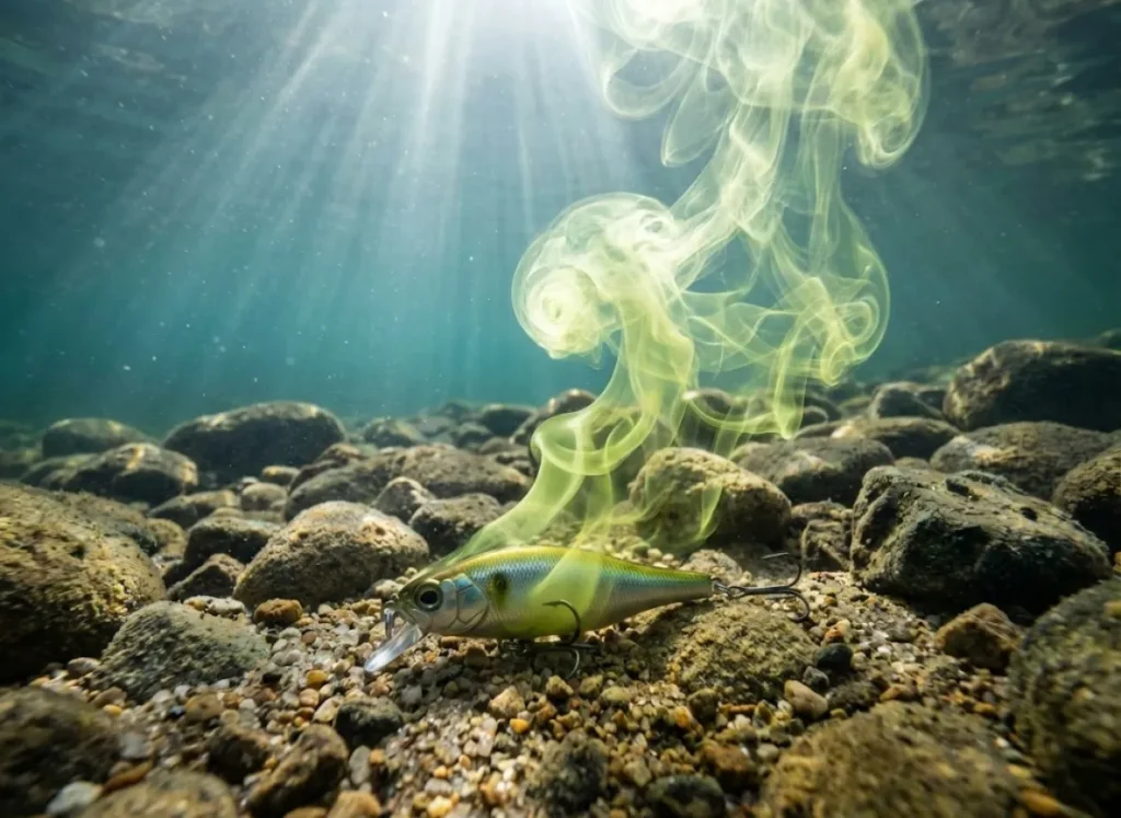 Underwater visualization of a water-soluble scent plume expanding from a fishing lure on the lake bottom.