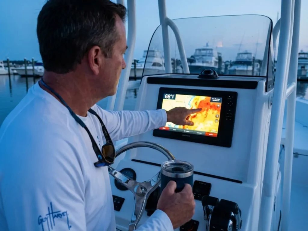Angler analyzing sea surface temperature charts to predict cobia migration timing and location