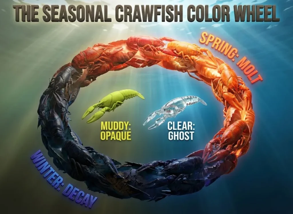 A high-end 3D infographic illustrating the Seasonal Crawfish Color Wheel for fishing. The image shows a cycle transitioning from bright red crawfish textures in Spring to dark blue and black tones in Winter, with additional visual comparisons of opaque lures for muddy water versus transparent ghost patterns for clear water.
