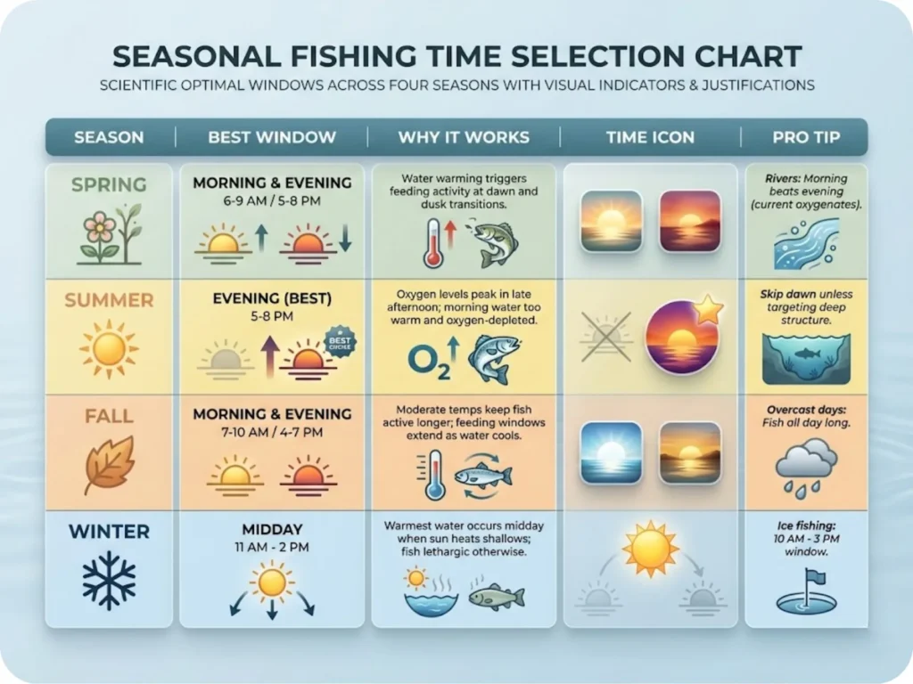 Seasonal fishing time guide showing optimal morning, evening, or midday windows for spring, summer, fall, and winter with scientific reasoning.