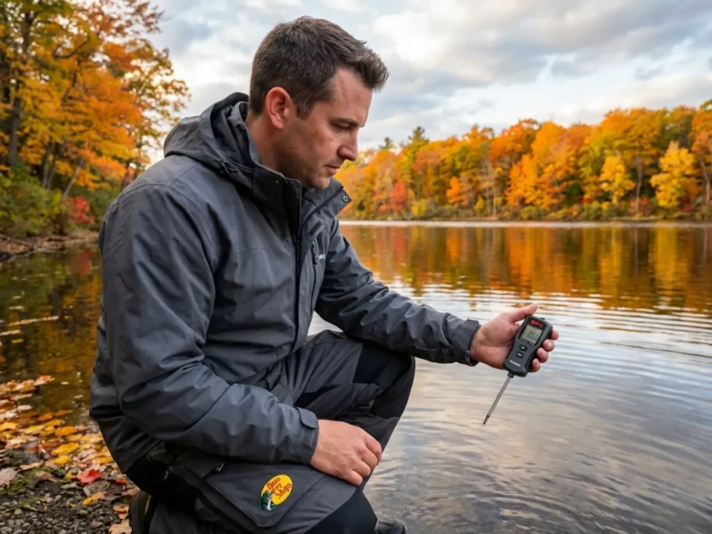 Angler checking water temperature with digital thermometer on autumn lake