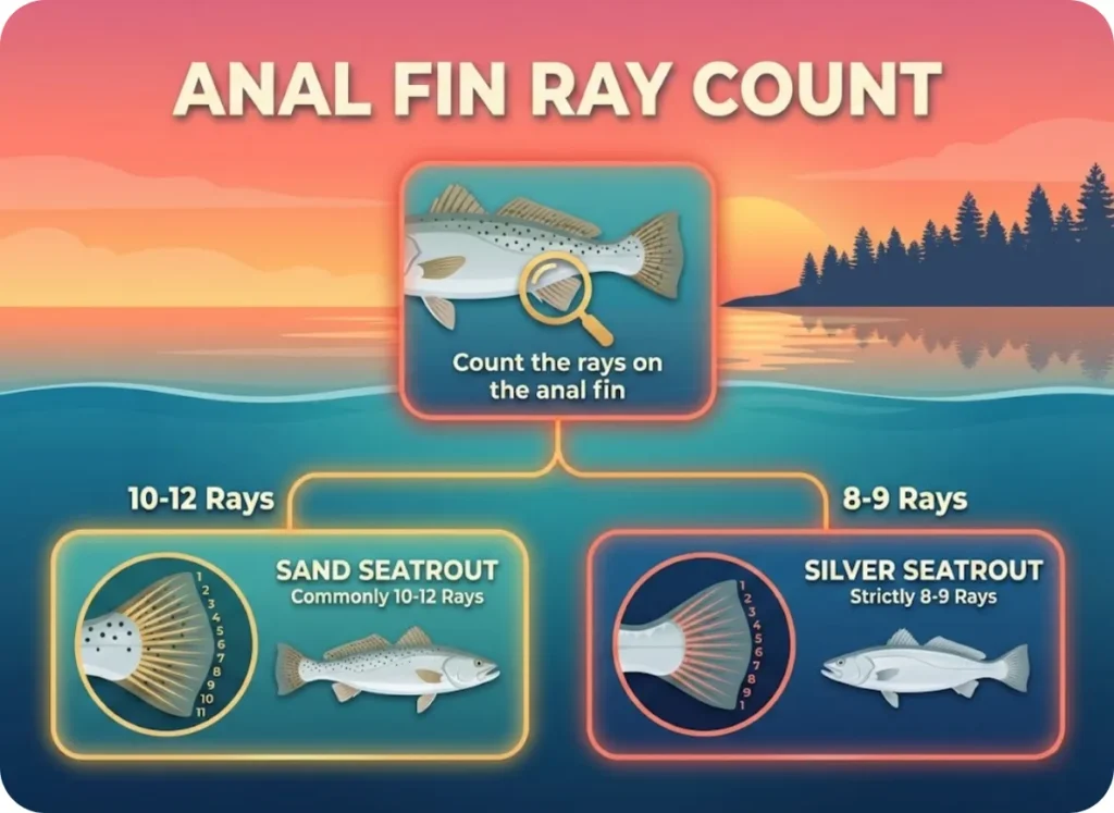 A fishing identification flowchart set against an ocean sunset background, illustrating the difference between Sand Seatrout and Silver Seatrout based on anal fin ray counts, featuring detailed flat-design vector illustrations of fish fins.