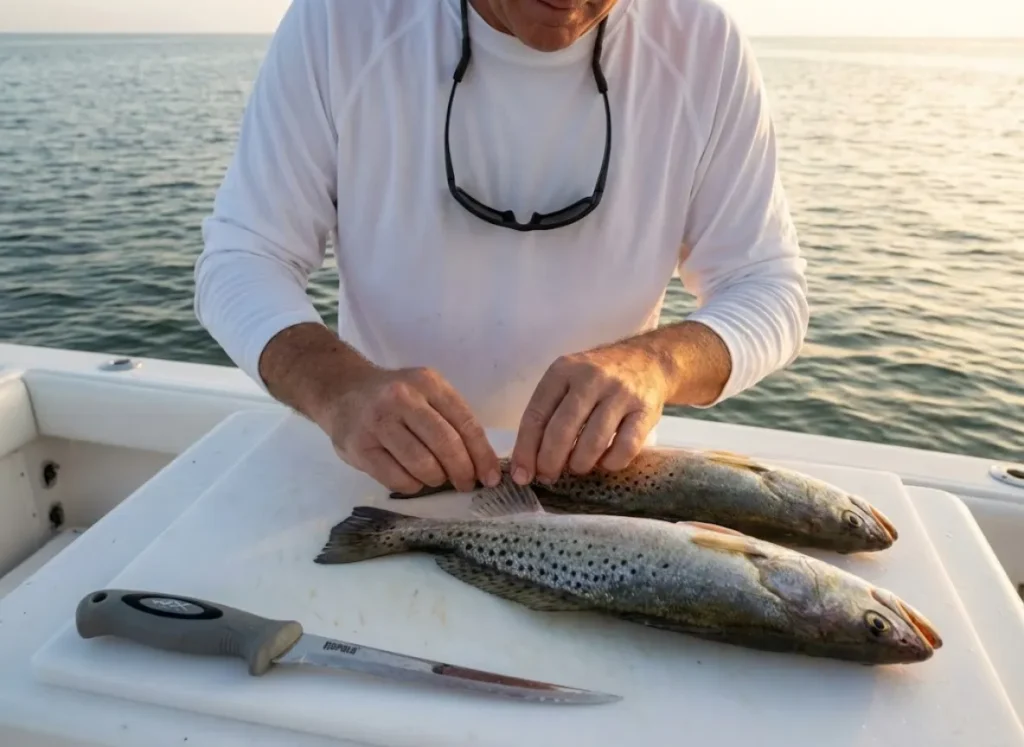 Angler counting anal fin rays to distinguish Sand Seatrout from Silver Seatrout before filleting