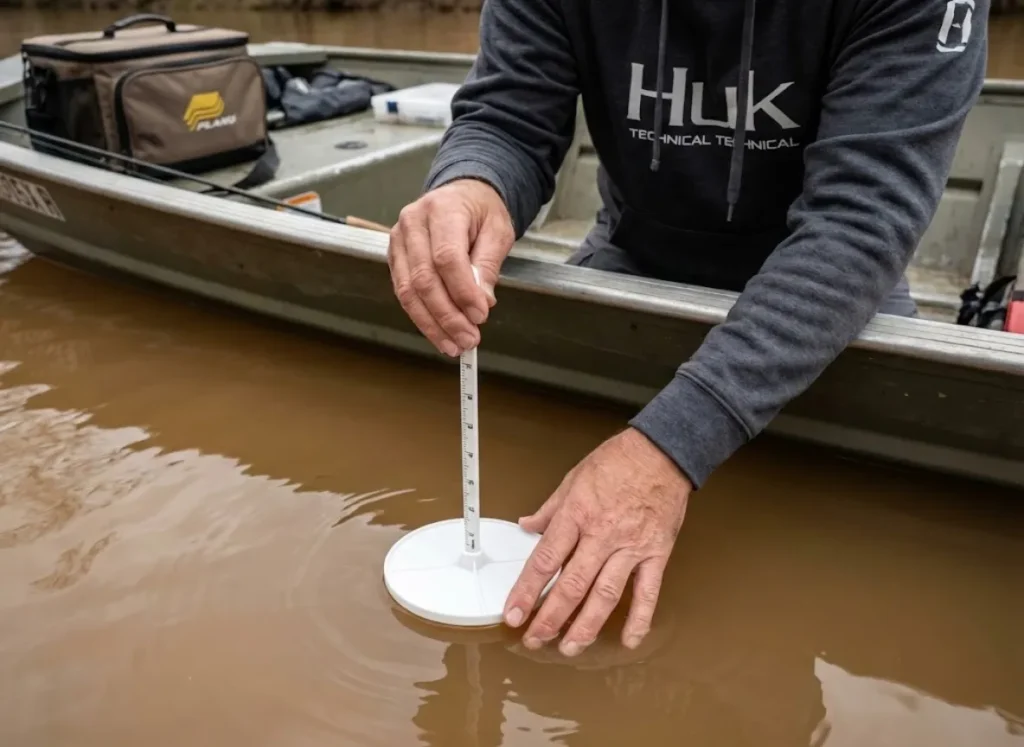 Angler measuring water clarity with Secchi disk in muddy turbid reservoir conditions