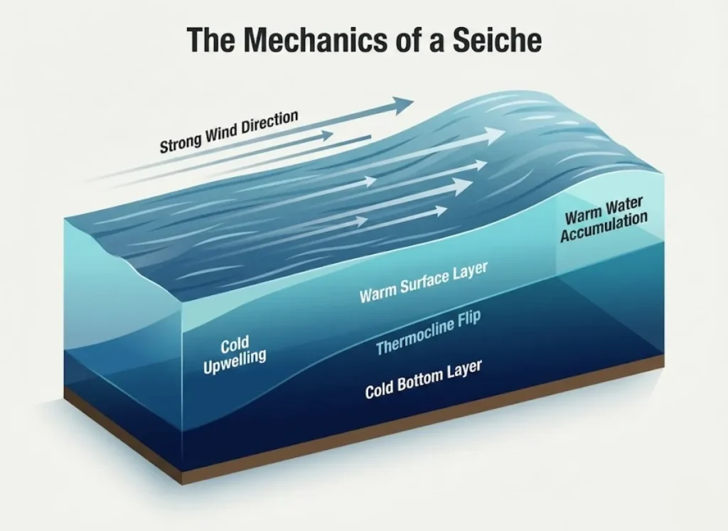 A detailed 3D cross-section infographic of a lake illustrating the Seiche phenomenon. The visual shows strong wind pushing warm surface water to one side, causing the water level to rise there, while cold bottom water rises (upwells) on the opposite side. Labels indicate wind direction, thermocline, and temperature zones.