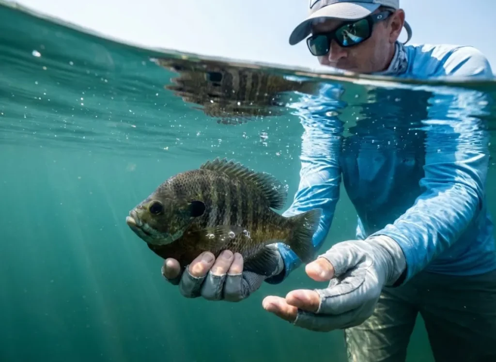 Underwater view of an angler releasing a large trophy bluegill to ensure genetic conservation and fishery health.