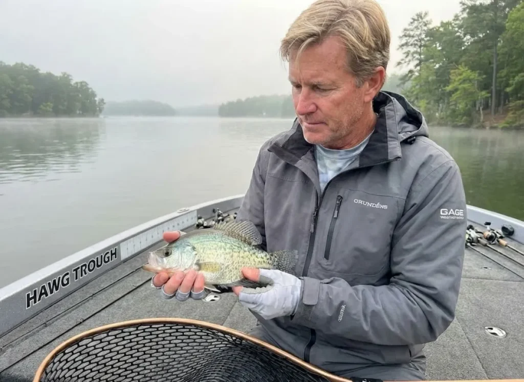 Angler measuring crappie for selective harvest during spring spawn conservation practice