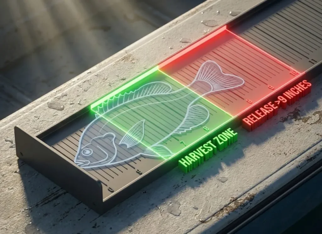 A visual guide for Bluegill selective harvest, displaying a measurement board with a green zone indicating 7-8.5 inches for keeping and a red zone indicating over 9 inches for release.