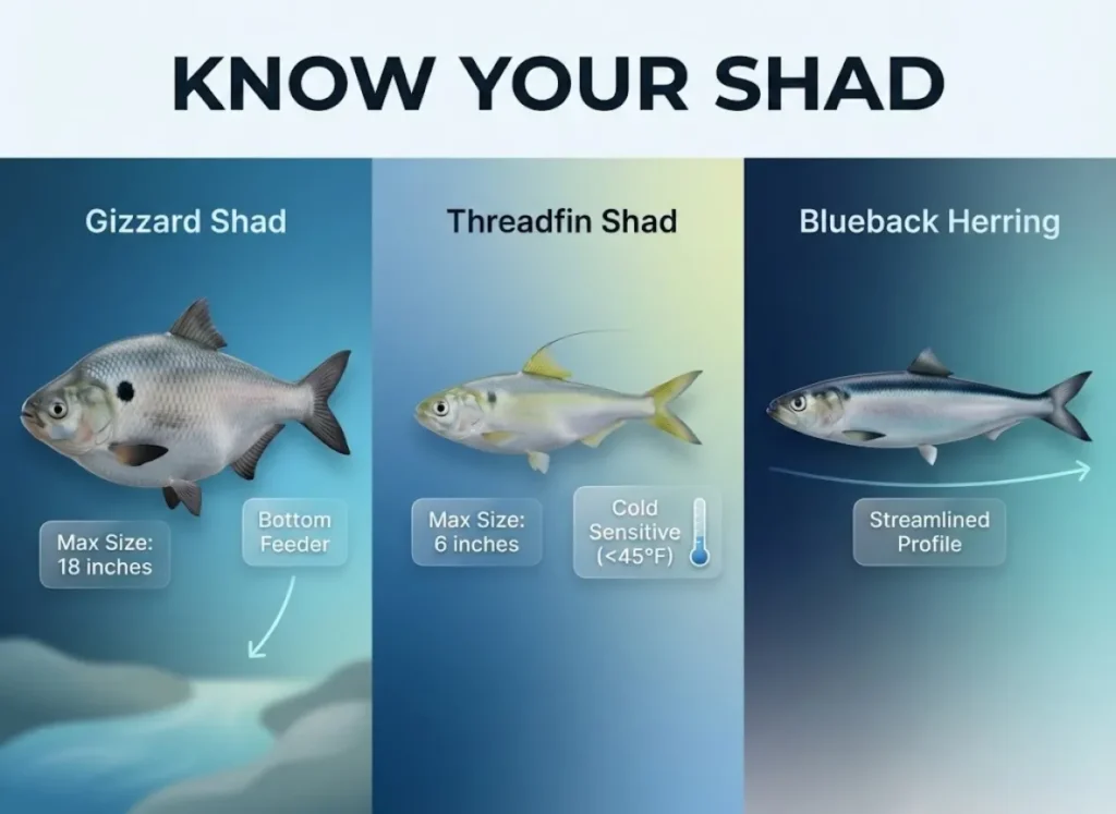 A side-by-side comparison infographic titled Know Your Shad, featuring realistic illustrations of a large Gizzard Shad, a small Threadfin Shad, and a Blueback Herring. Labels indicate size differences and temperature sensitivity.