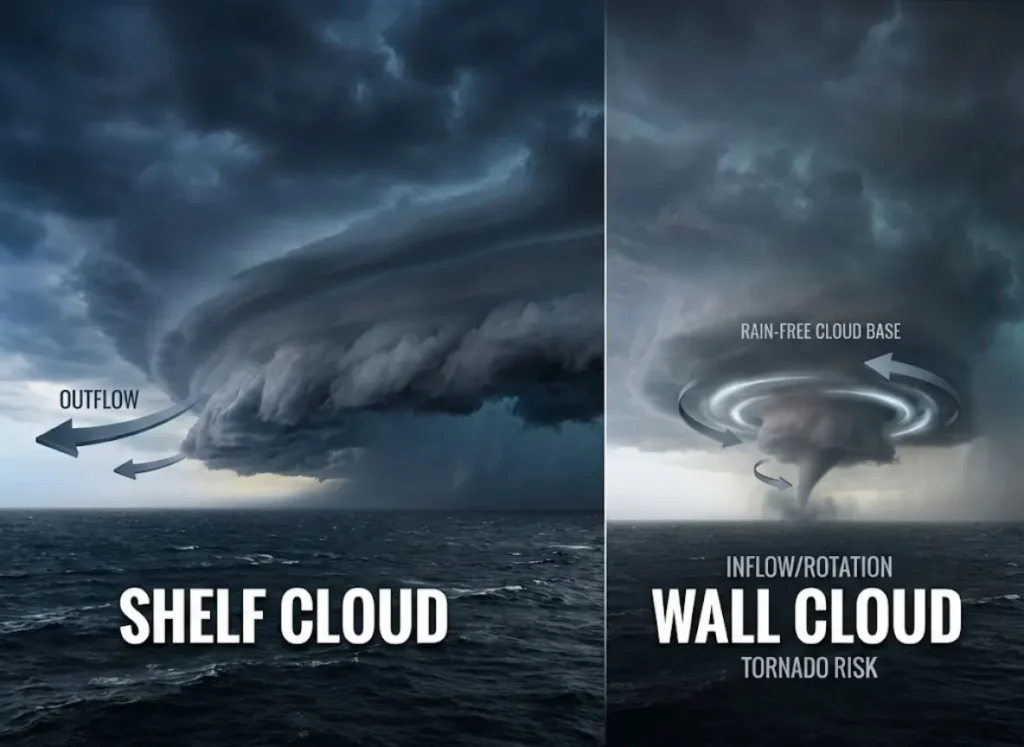 A detailed side-by-side comparison diagram for storm identification. The left panel features a Shelf Cloud with labels for 'OUTFLOW' and 'Straight-line Winds.' The right panel features a Wall Cloud with labels for 'INFLOW/ROTATION' and 'Tornado Risk.' The style is a premium editorial illustration with cinematic lighting and 3D depth.