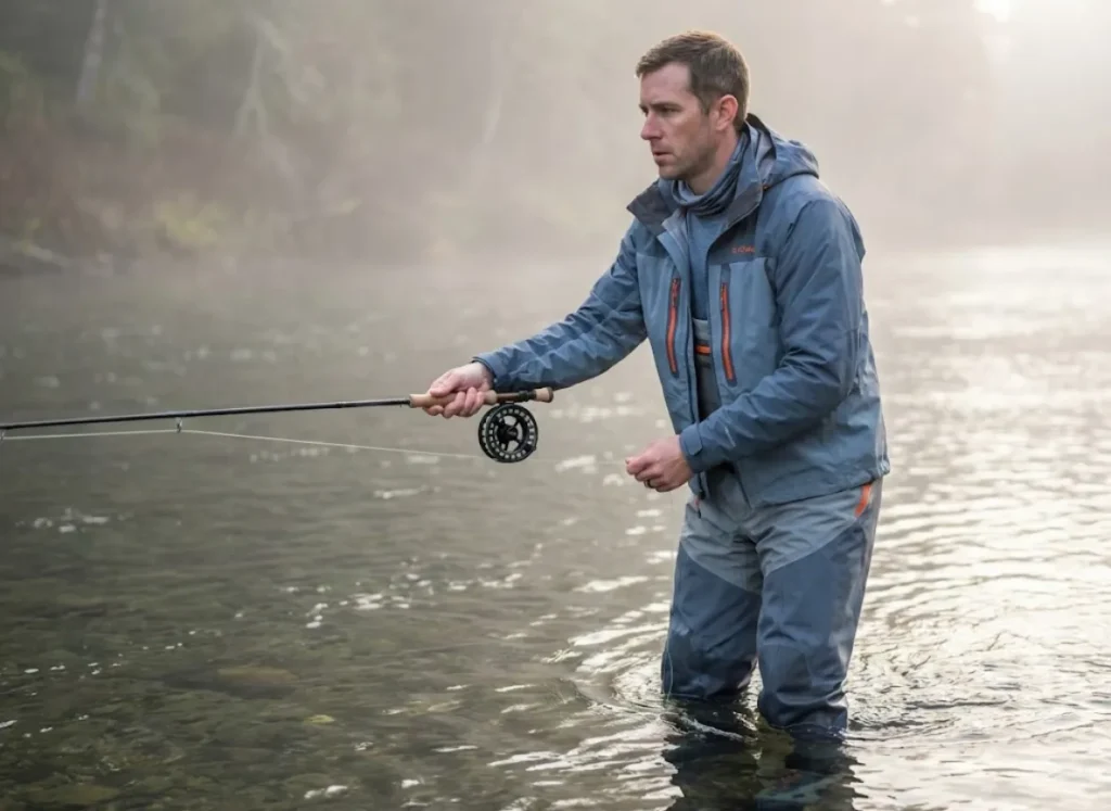 Angler demonstrating short controlled cast to inside seam while float fishing steelhead