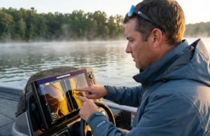 Side Imaging vs Down Imaging: What the Manual Won’t Tell You Angler studying Humminbird SOLIX side imaging display on bass boat at dawn