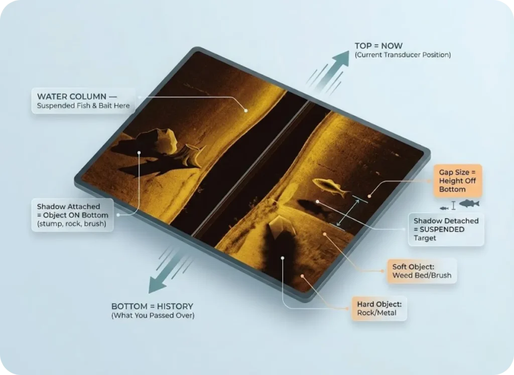 Annotated side imaging sonar screenshot showing water column strip, attached shadows for bottom objects, detached shadows for suspended fish with height measurement, and timeline direction indicators explaining screen reading from top to bottom.