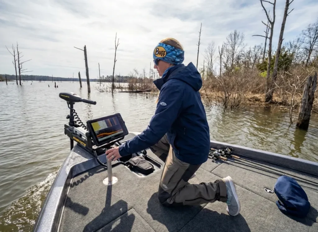 Female angler using side imaging to scan flooded timber structure from bass boat