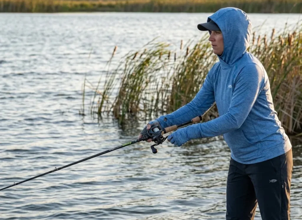 Female angler executing low sidearm cast technique to defeat wind resistance on lake