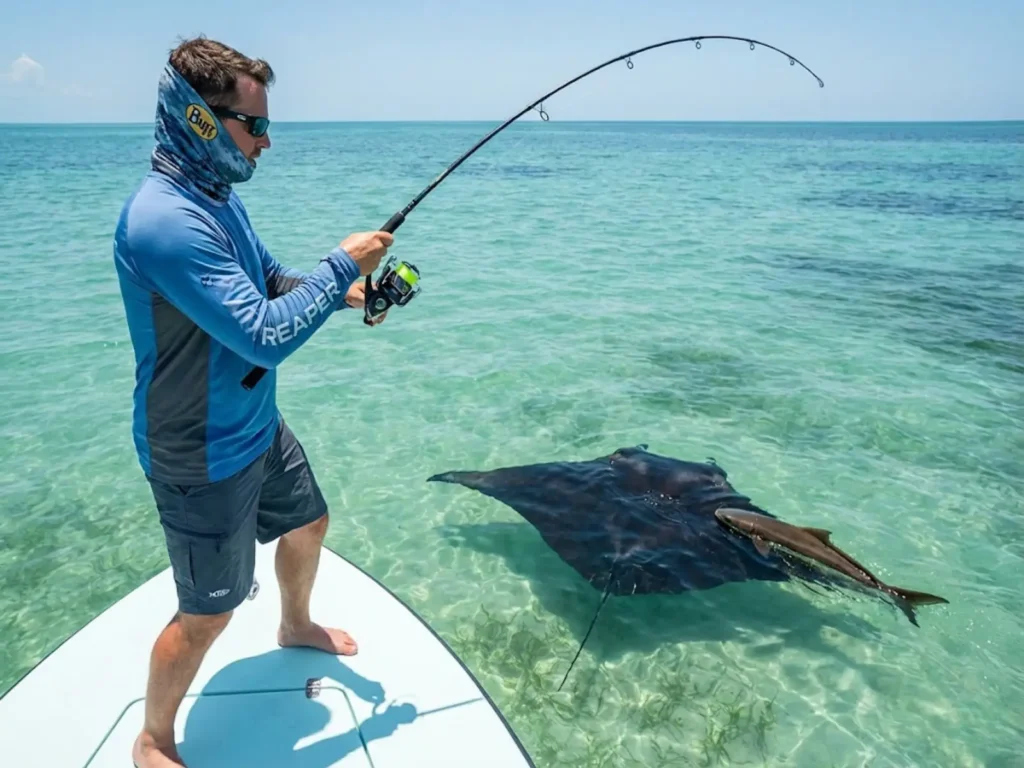 Angler sight-casting to cobia following manta ray in shallow Florida flats water