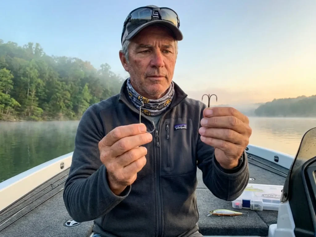 Angler comparing inline single hook gape to treble hook width on fishing boat for lure conversion