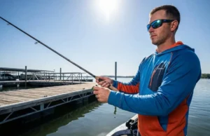 Skip Lures Under Docks Like a Pro Professional angler on a bass boat bow casting a lure low under a shaded dock with high-contrast mid-day lighting.
