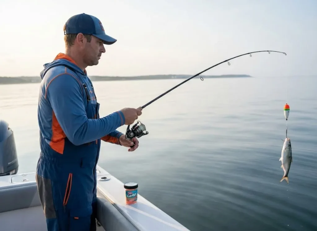 Angler drifting live bait during slack tide in glassy calm Montauk waters with Penn reel