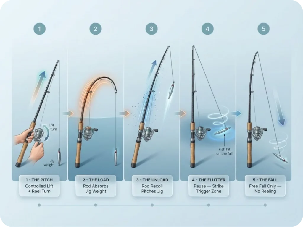 Educational infographic showing the five phases of slow-pitch jigging technique: Pitch, Load, Unload, Flutter, and Fall, with rod position and line angle illustrated at each stage.