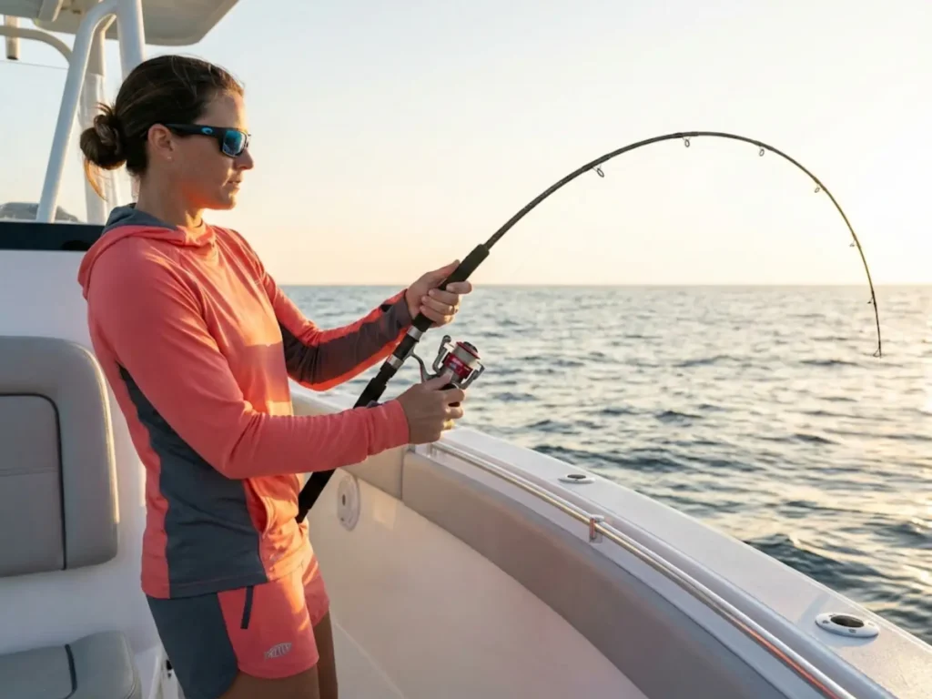 Female angler demonstrating slow pitch jigging recoil technique with Accurate Valiant reel