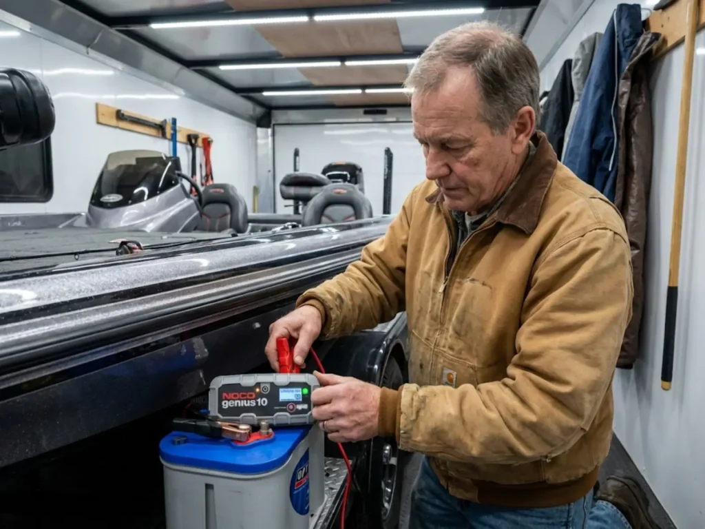 Boat owner connecting NOCO smart charger to marine battery for winter maintenance